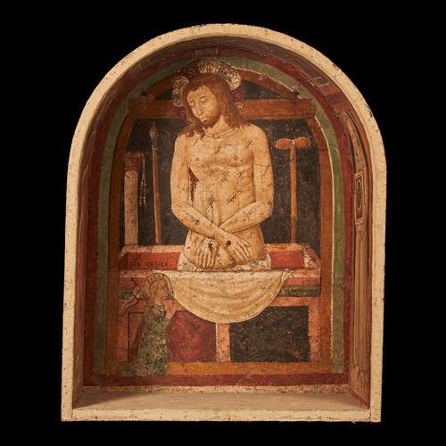 Niche with frescoes 'The resurrection from the grave; Christ flanked by John the Baptist and Saint Bernardino of Siena'